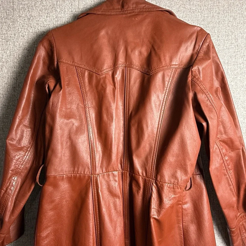 Vintage 70s Rust Brown Orange Leather Full Length Trench Coat Made Korea SMALL - Picture 5 of 16